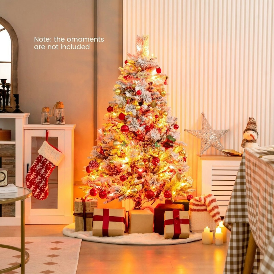 image 1 of COSTWAY 4.5 FT Pre-Lit Artificial Christmas Tree Snow-flocked | Green | One Size