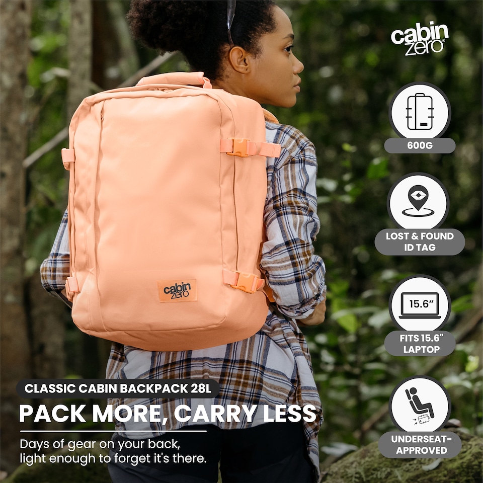 image 1 of CabinZero Classic 28L Lightweight Cabin Backpack, Airline Approved Underseat | Pink | Sunny Day