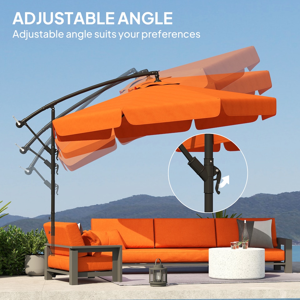 image 1 of Outsunny 2.7m Garden Banana Parasol Cantilever Umbrella with Crank Handle and Cross Base for Outdoor, Hanging Sun Shade, Orange | Orange | Orange