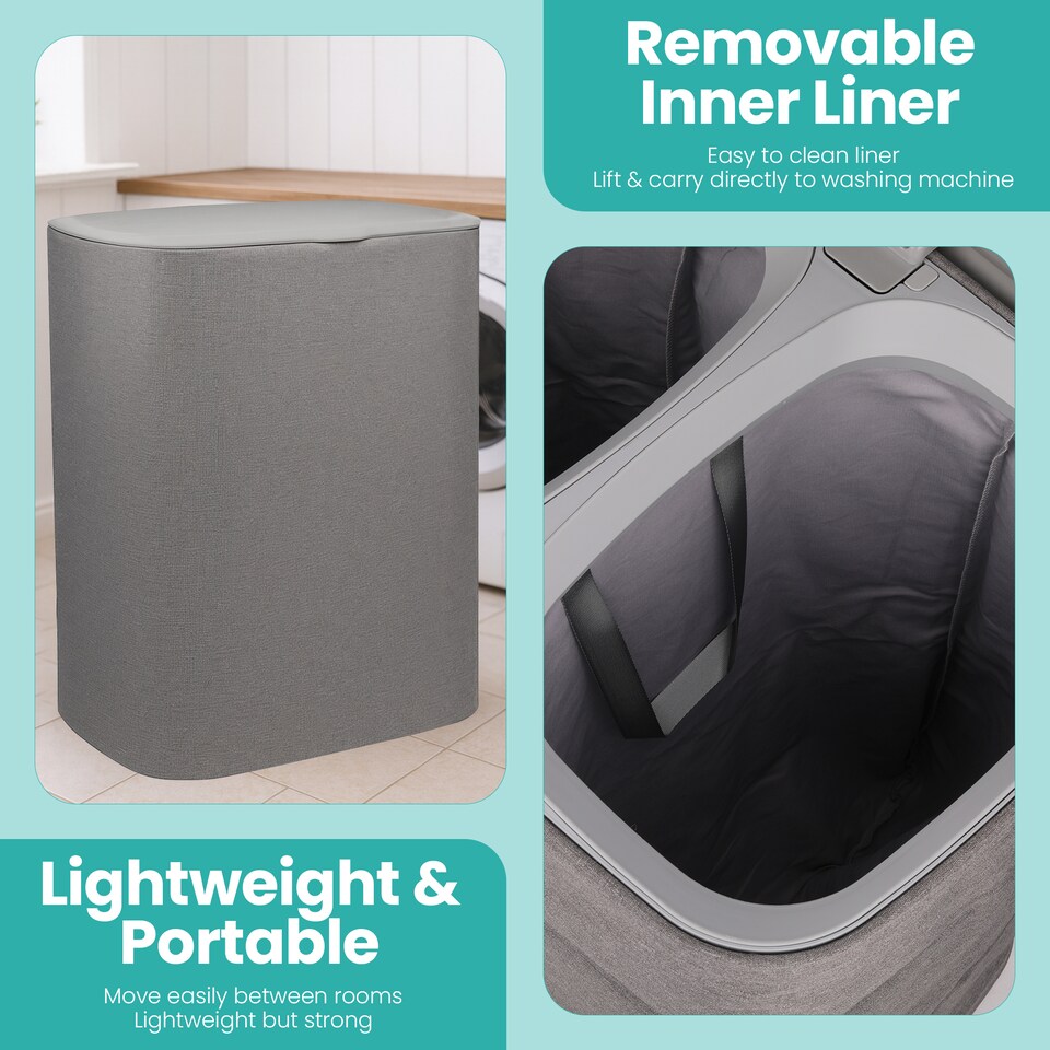 image 1 of 90L Laundry Basket with Lid & 2 Removable Bags, Washing Bin with Plastic Frame