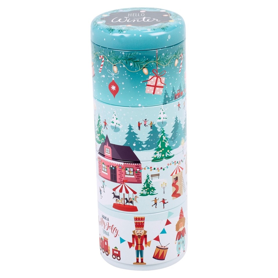 image 1 of Christmas Metal Storage Mini Tins Set Nesting Stacking Containers Festive Design | Multi | Teal