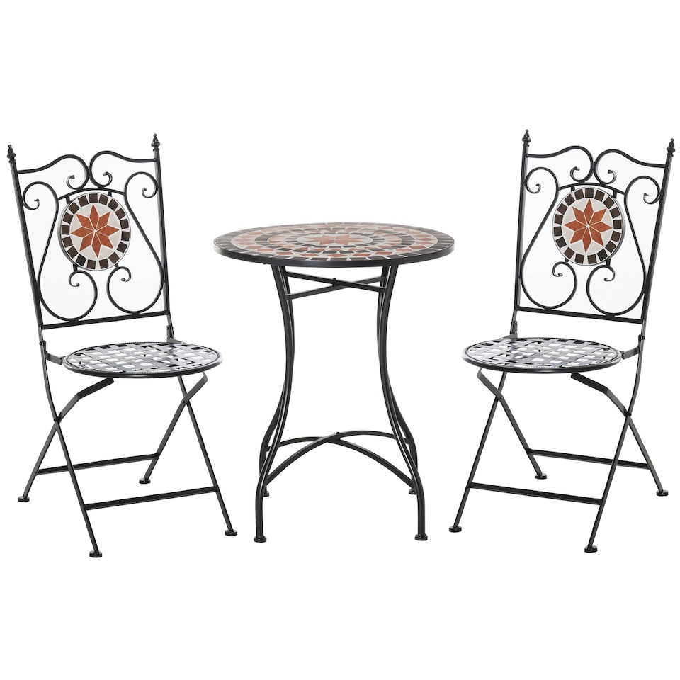 image 1 of Outsunny 3PCs Garden Set 1 Ceramic Tile Round Table and 2 Foldable Chairs