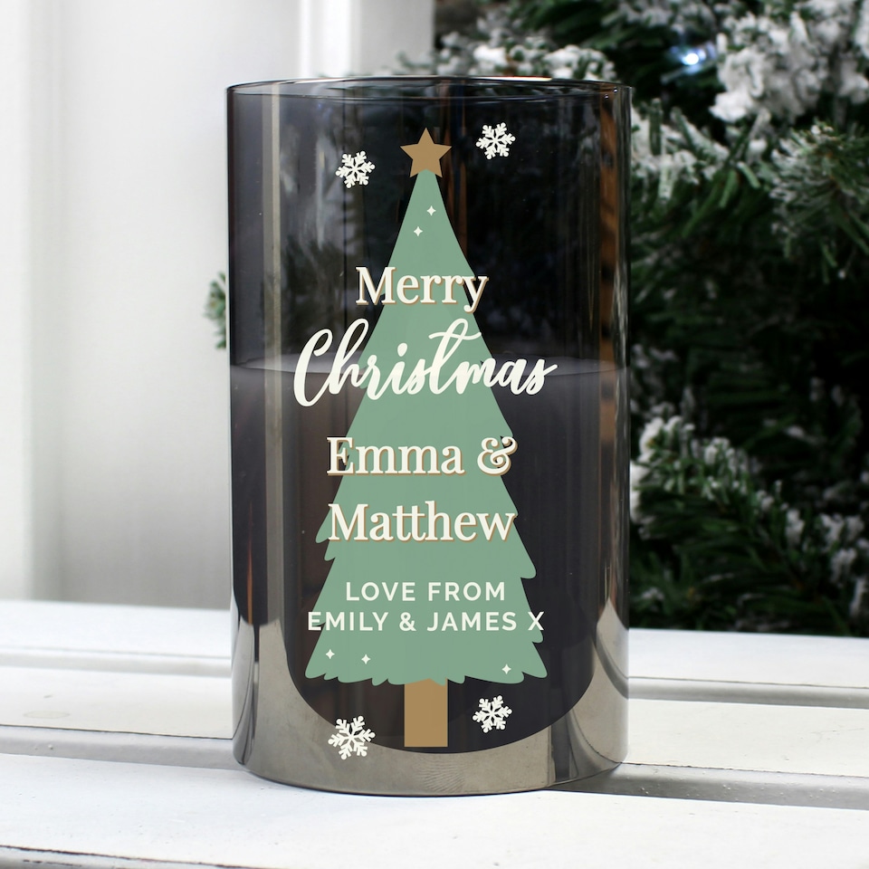 image 1 of Personalised Christmas Tree Smoked Glass LED Candle White