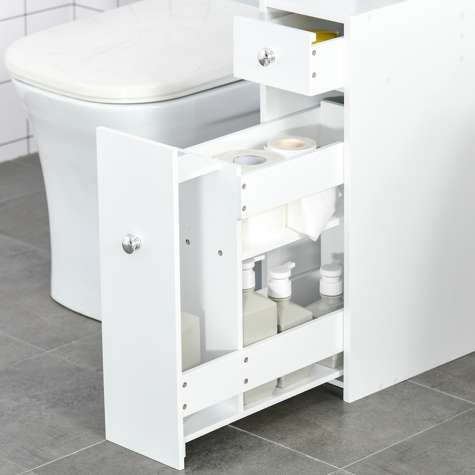 image 1 of HOMCOM Bathroom Slim Floor Cabinet Narrow Wooden Storage Home Bath Toilet Cupboard Organiser Unit with Drawers White