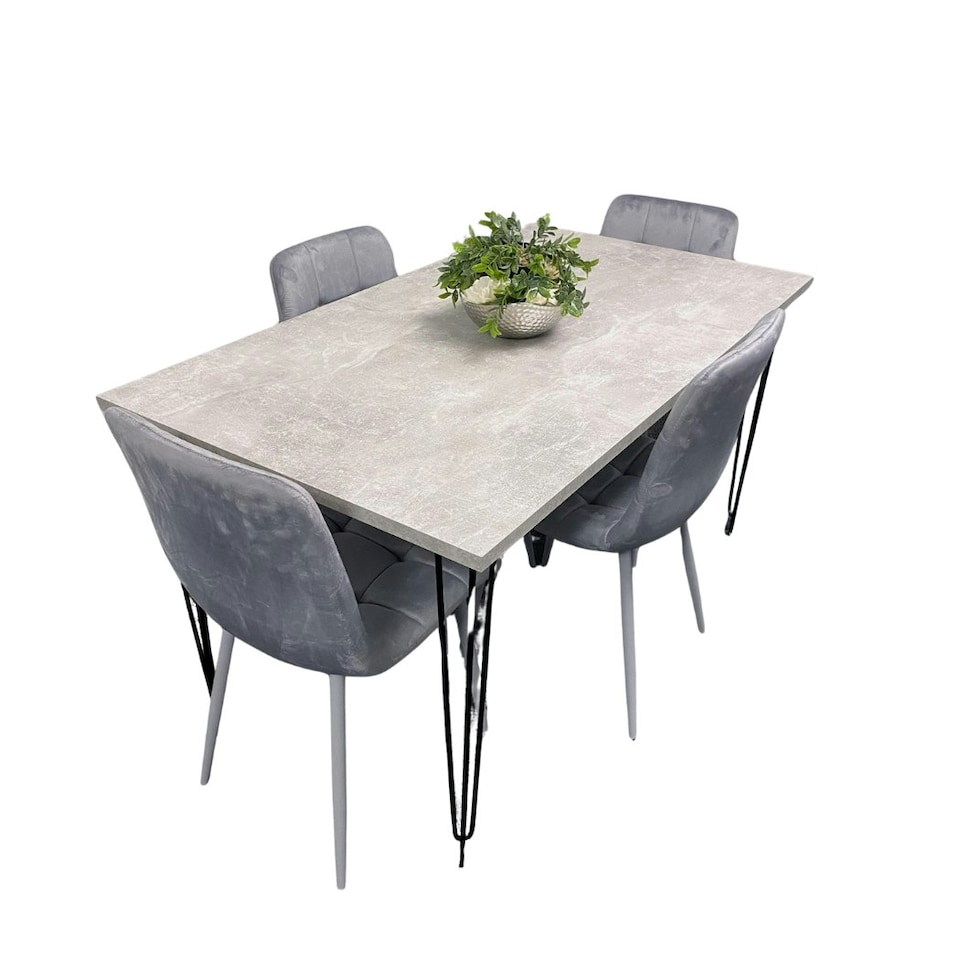 image 1 of Grey Dining Table with Hairpin Legs & 4 Grey Velvet Chairs Set for Kitchen & Dining Room Grey