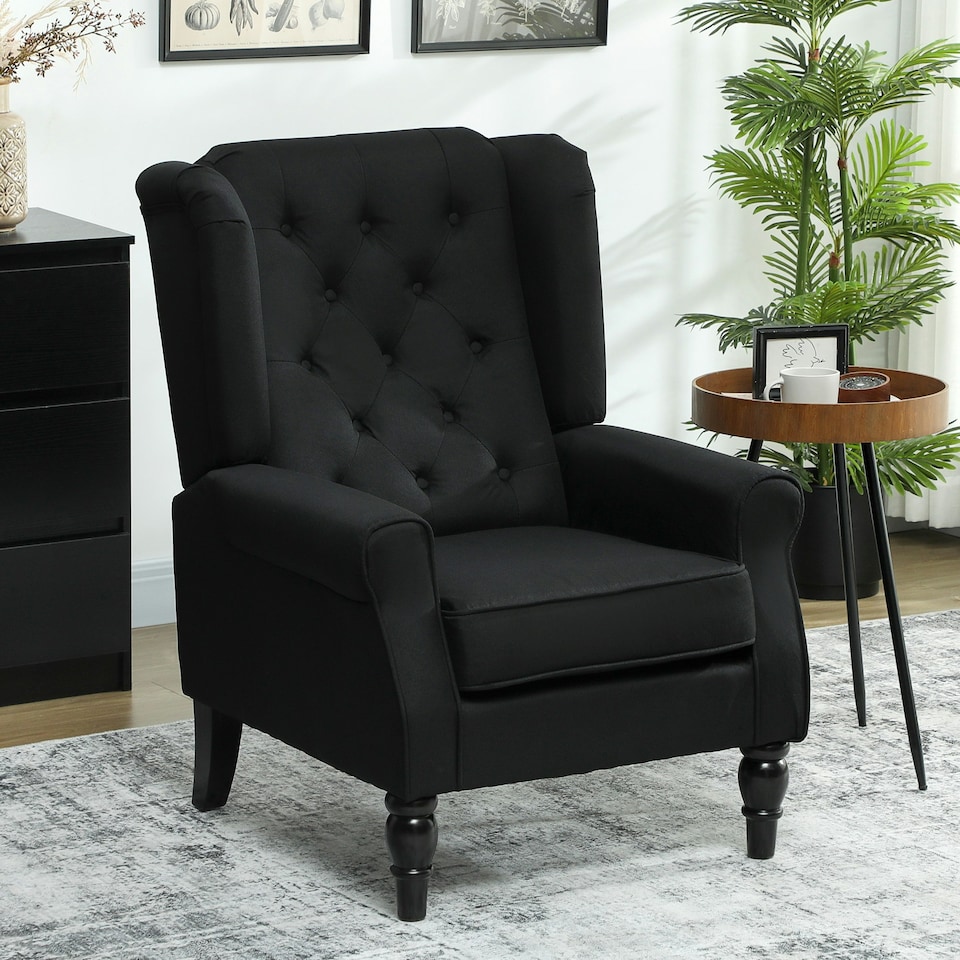 image 1 of HOMCOM Accent Chair Wingback Armchair Retro Tufted Club Wood Fabric, Black Black