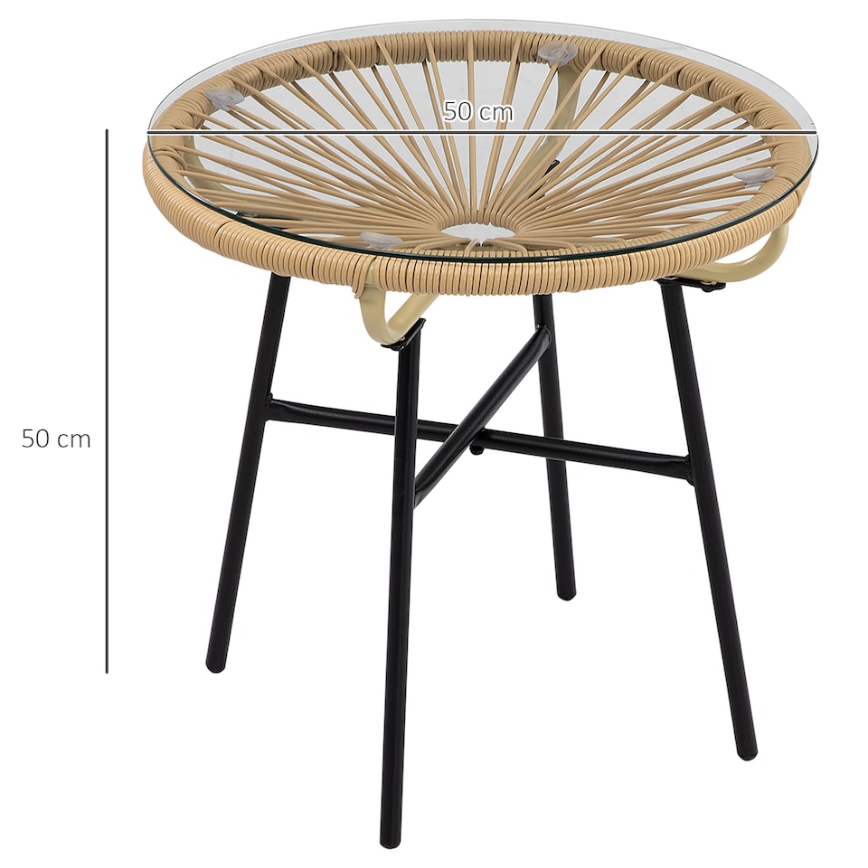 image 1 of Outsunny Rattan Side Table w/ Tempered Glass Tabletop, Beige
