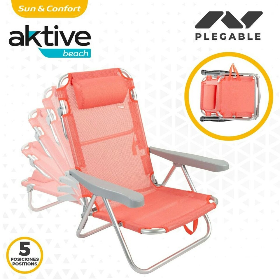 image 1 of Folding Chair with Headrest Aktive Flamingo Coral 48 x 84 x 46 cm (2 Units) N/A