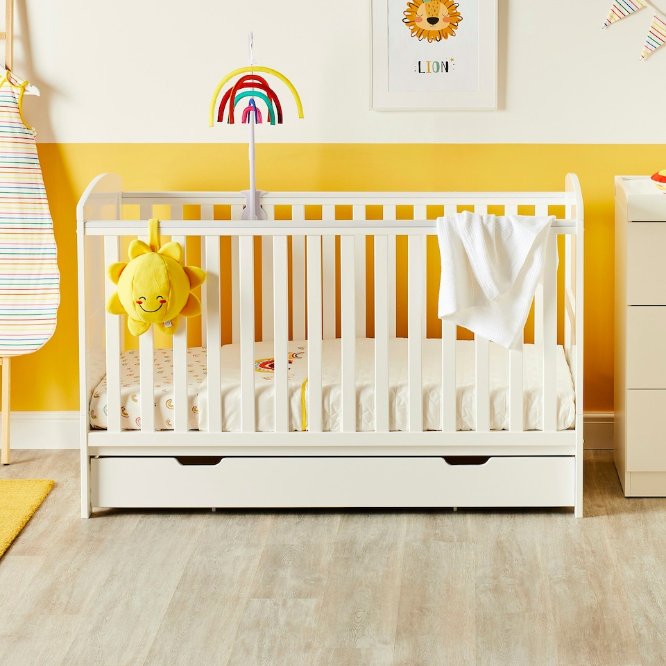 image 1 of Coleby Classic Cot Bed & Underdrawer - Convertible Cot, Birth to 4 Years, Adjustable Base & Teething Rails (White)