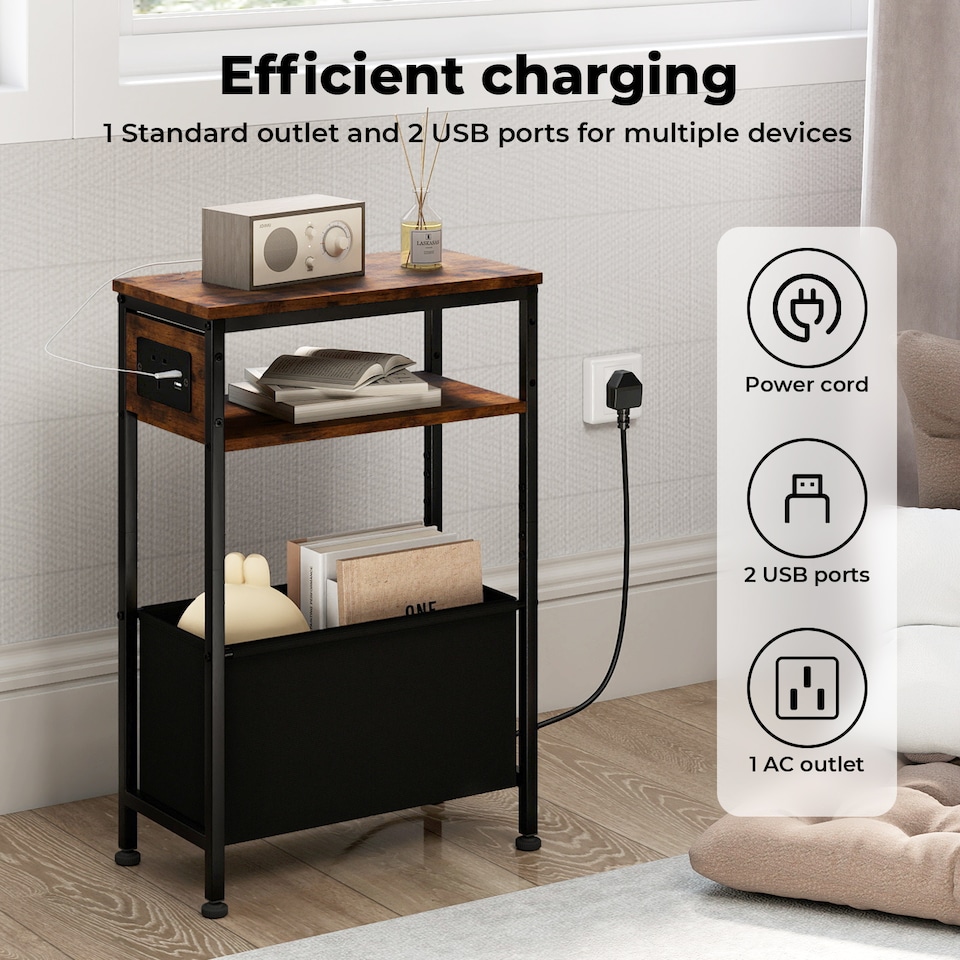 image 1 of Slim Side Table with Charging Station Storage Narrow End Table Sofa Living Room