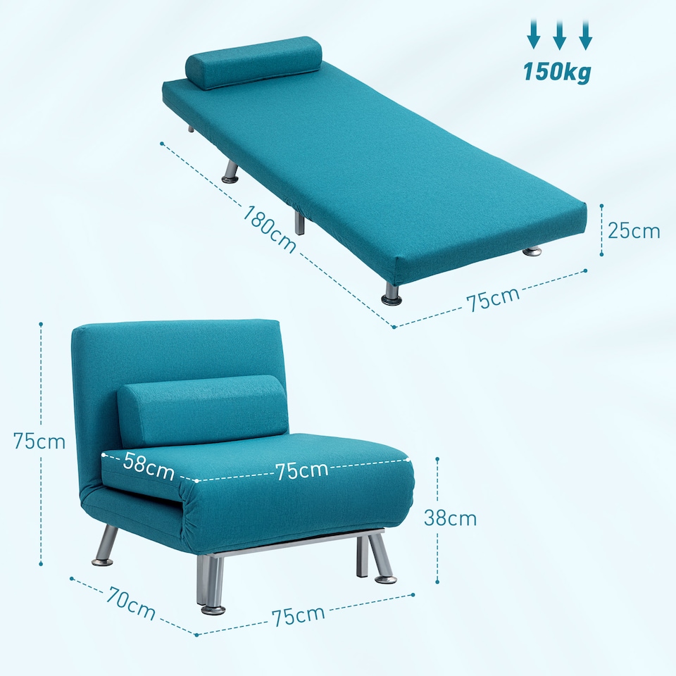 image 1 of HOMCOM Convertible Chair Bed, 3-in-1 Velvet Sleeper Chair with Adjustable Backrest, Pillow, for Living Room, Bedroom, Dark Blue | Blue | One Size