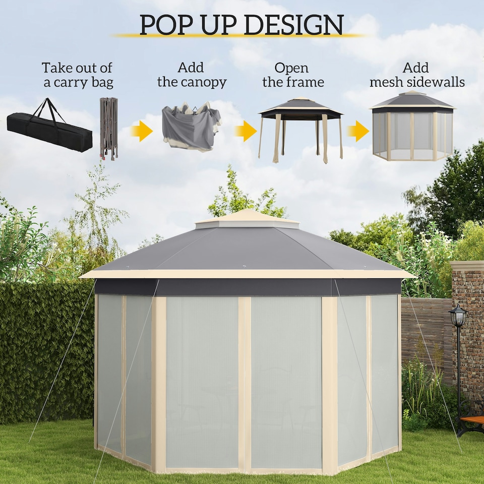 image 1 of Outsunny 3x4m Hexagon Gazebo w/ Mesh Curtains Outdoor Garden, Khaki