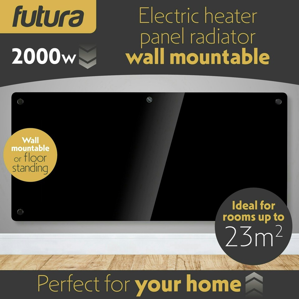 image 1 of Futura 2000W Electric Panel Glass Wall Heater Black