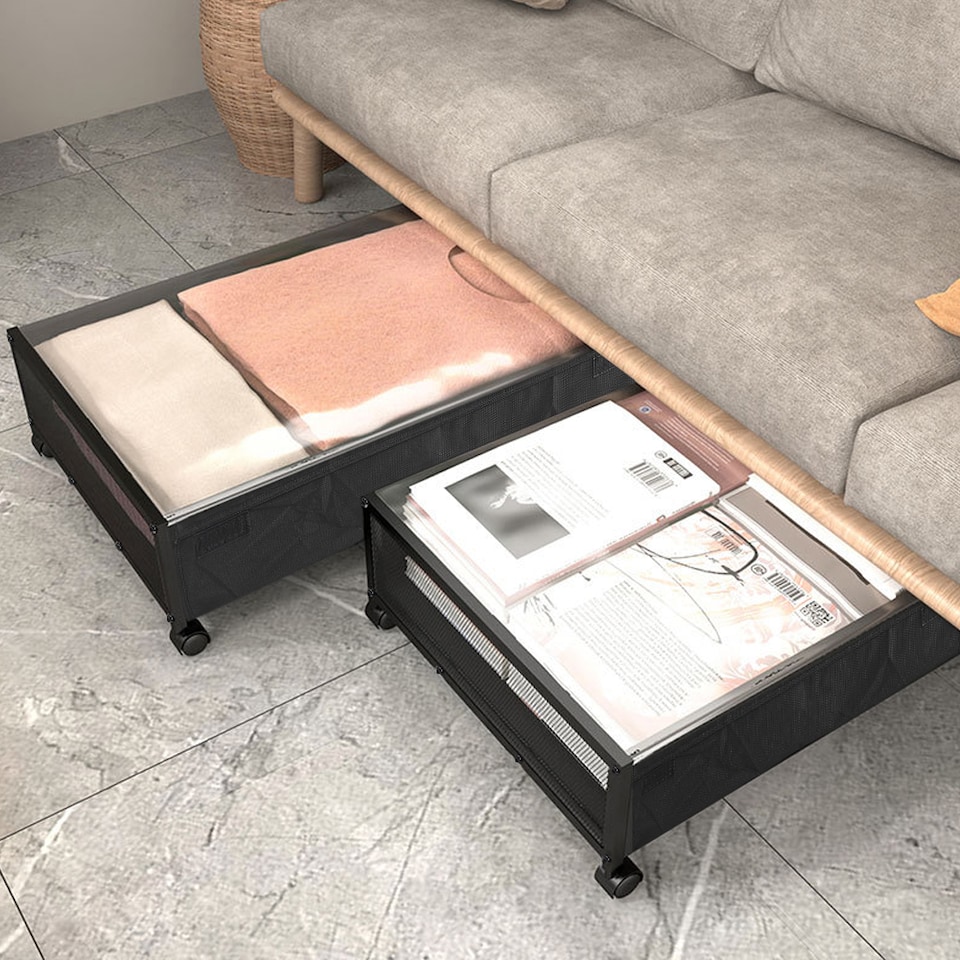 image 1 of Living and Home 1Pcs Under Bed Steel Storage Organizer Basket with Wheels | Black