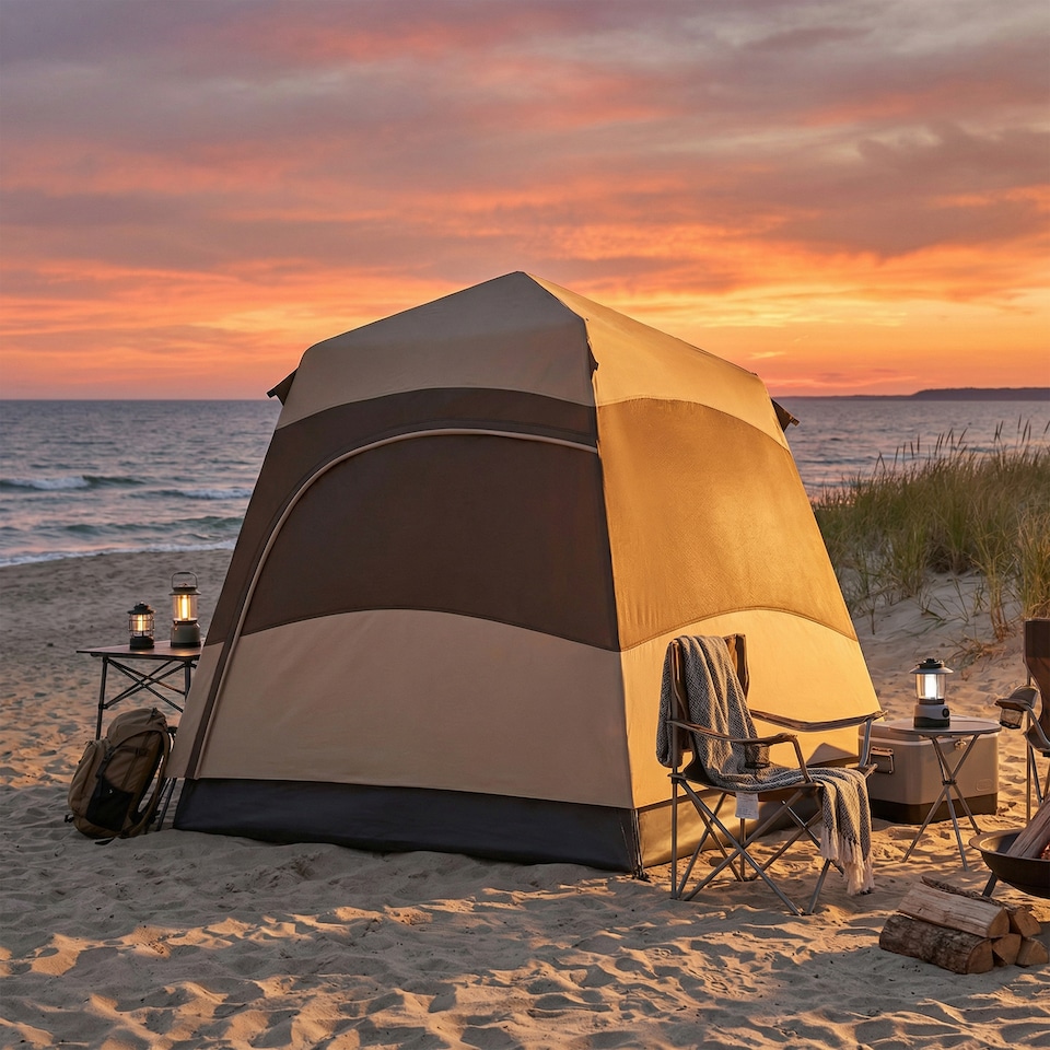 image 1 of Outsunny Double Layer Pop Up Tent with Rainfly, Portable Camping Shelter | Brown
