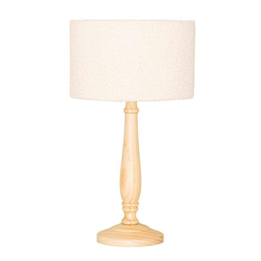 ValueLights Victoria Candlestick Light Wood Table Lamp with Cream Boucle Drum Lamp Shade in Natural
