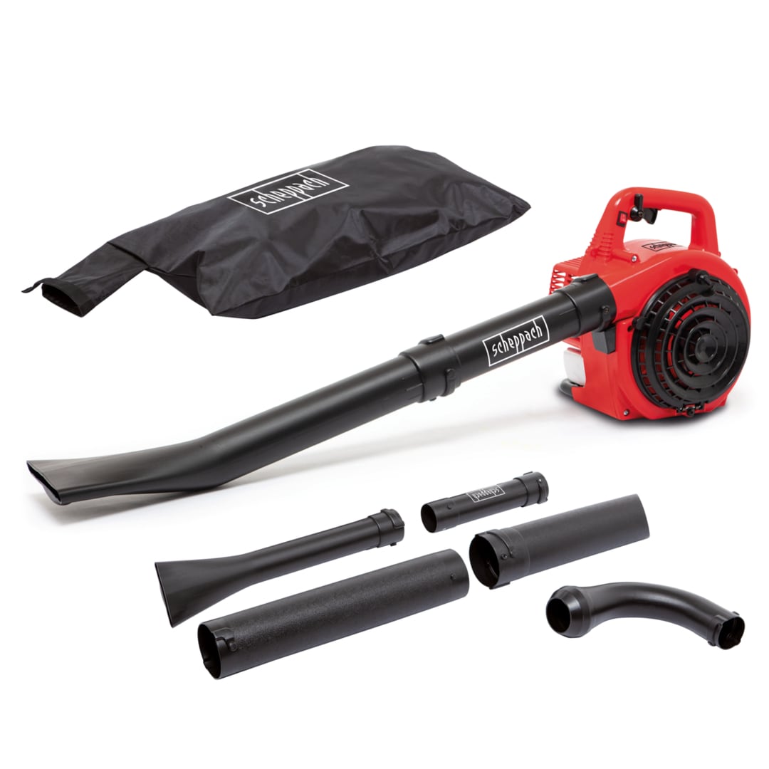 Scheppach LBH2600P Petrol Leaf Blower Vacuum, 25.4cc Engine, 1HP, 268km h Air Speed, 50L Collection Bag