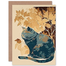 Countryside Shrub Bush Autumn Cat Birthday Card