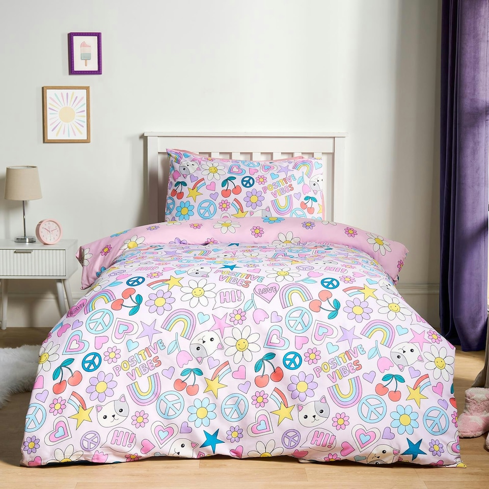 image 1 of OHS Positive Vibes Printed Duvet Cover Set - Multi Multi | Pink/Purple | Single