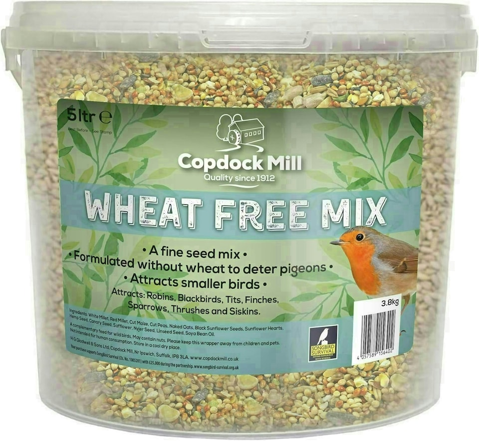 image 1 of Copdock Mill Wheat Free Wild Bird Seed 3.8kg 5 Litre Tub – Deters Pigeons – All Year-Round Bird Food Bird Seed for Small Garden Birds 100% Natural