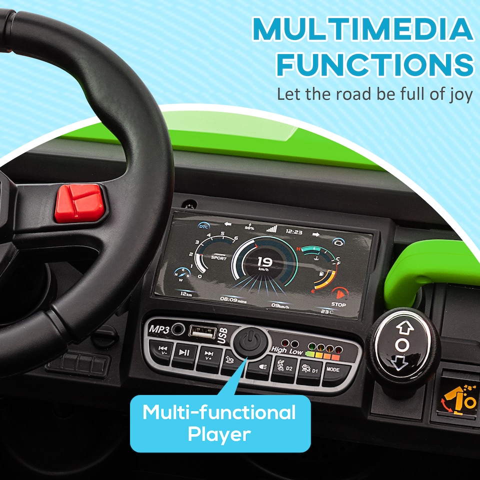 image 1 of HOMCOM Kids Ride on Car, Electric Car for Kids with Electric Bucket, 12V 2 Seater UTV with Shovel, Parental Remote, 4 Spring Suspension Wheels, Working Horn, Music - Green