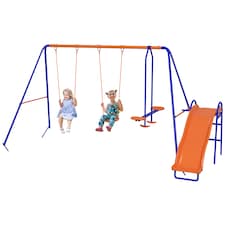 Outsunny 4 in 1 Metal Kids Swing Set w Double Swings, Glider, Slide, Ladder
