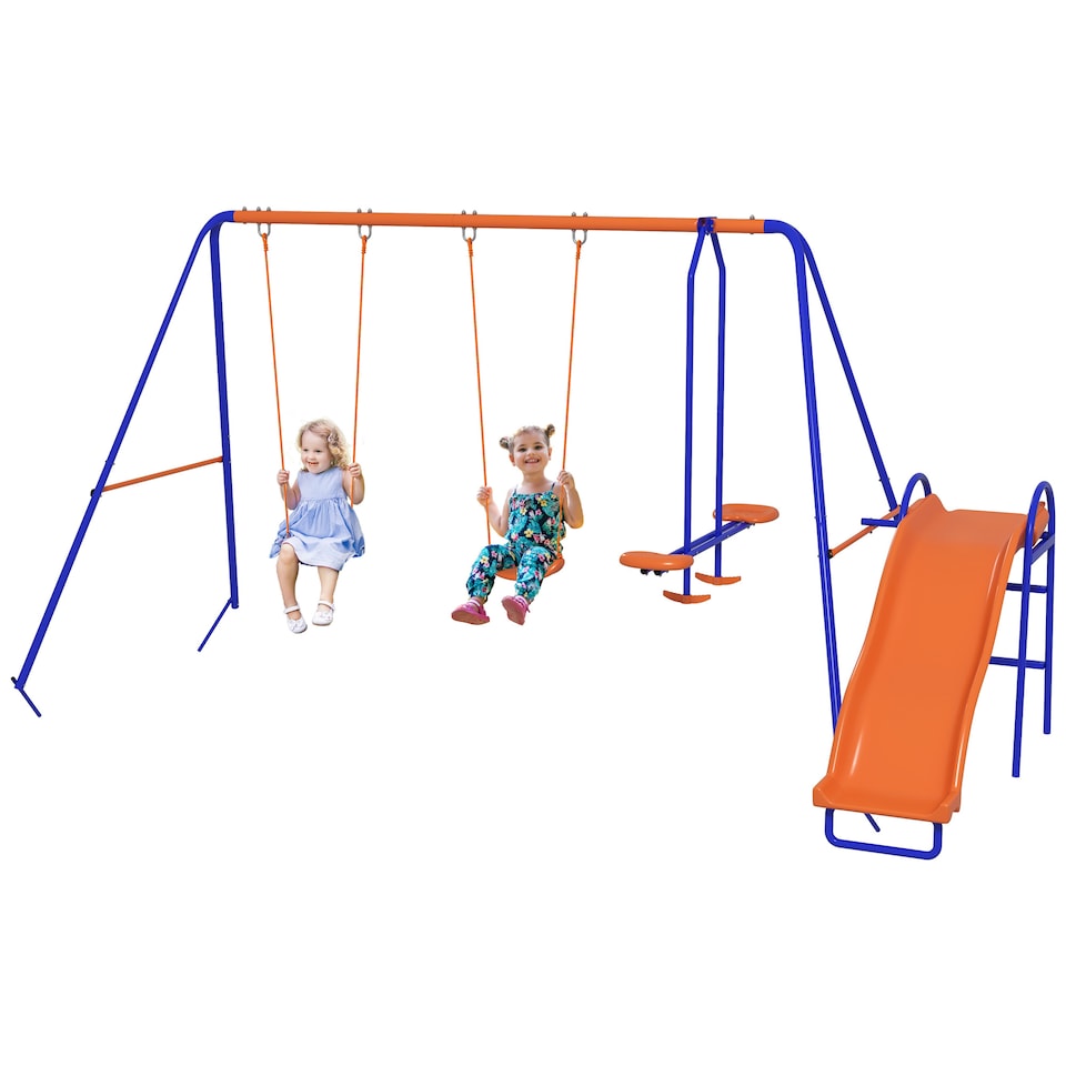 image 1 of Outsunny 4 in 1 Metal Kids Swing Set w Double Swings, Glider, Slide, Ladder