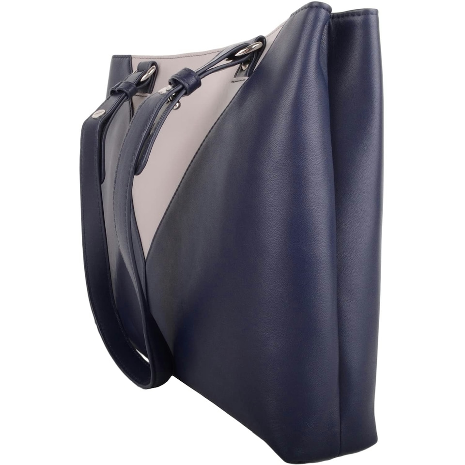 image 1 of Soft Genuine Leather Contrast Panels Shoulder Handbag Blue | Navy