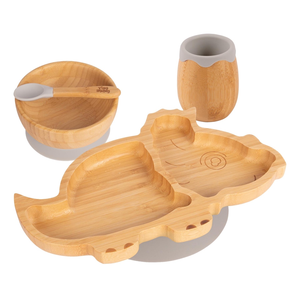 image 1 of Tiny Dining 4pc Dinosaur Bamboo Suction Baby Feeding Set - Grey