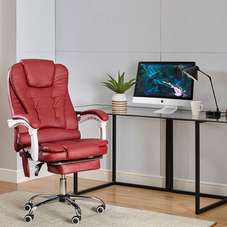 image 1 of Neo Office Chair Brown Faux Leather with Massage Function & Footrest | Red