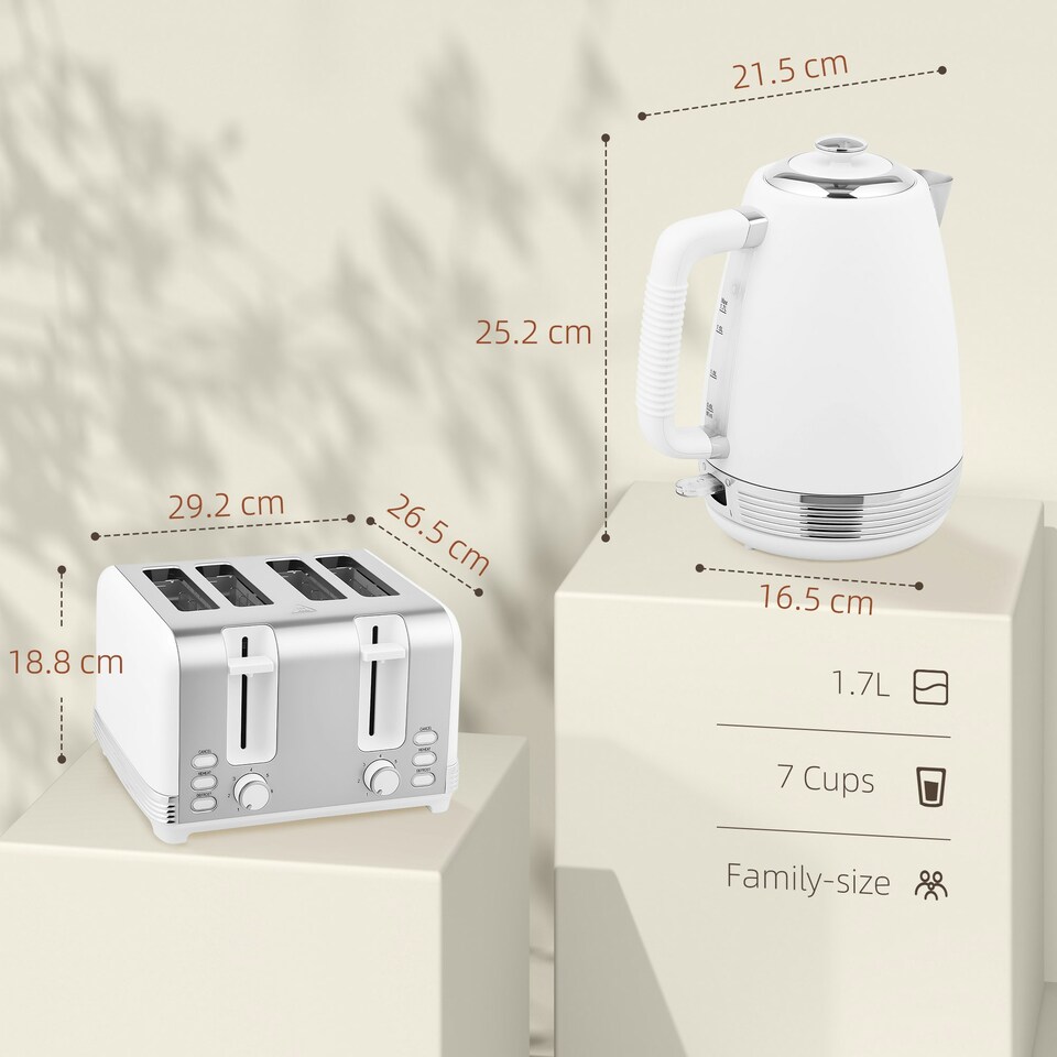 image 1 of HOMCOM 1.7L 3000W Quick Boil Kettle and 4 Slice Toaster Set Crumb Tray White