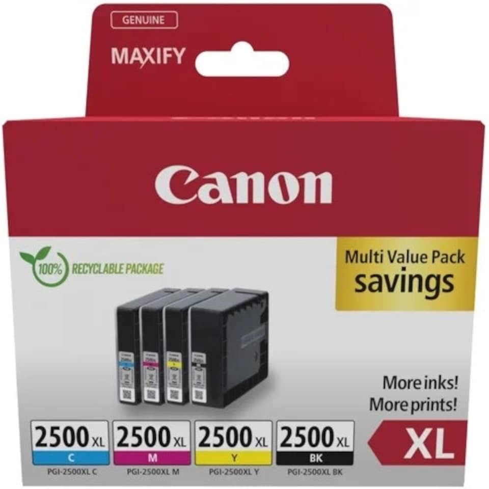 Canon PGI-2500XL Black & Colour High Yield Ink Cartridge 70.9ml + 3x 19.3ml - 9254B010 N/A