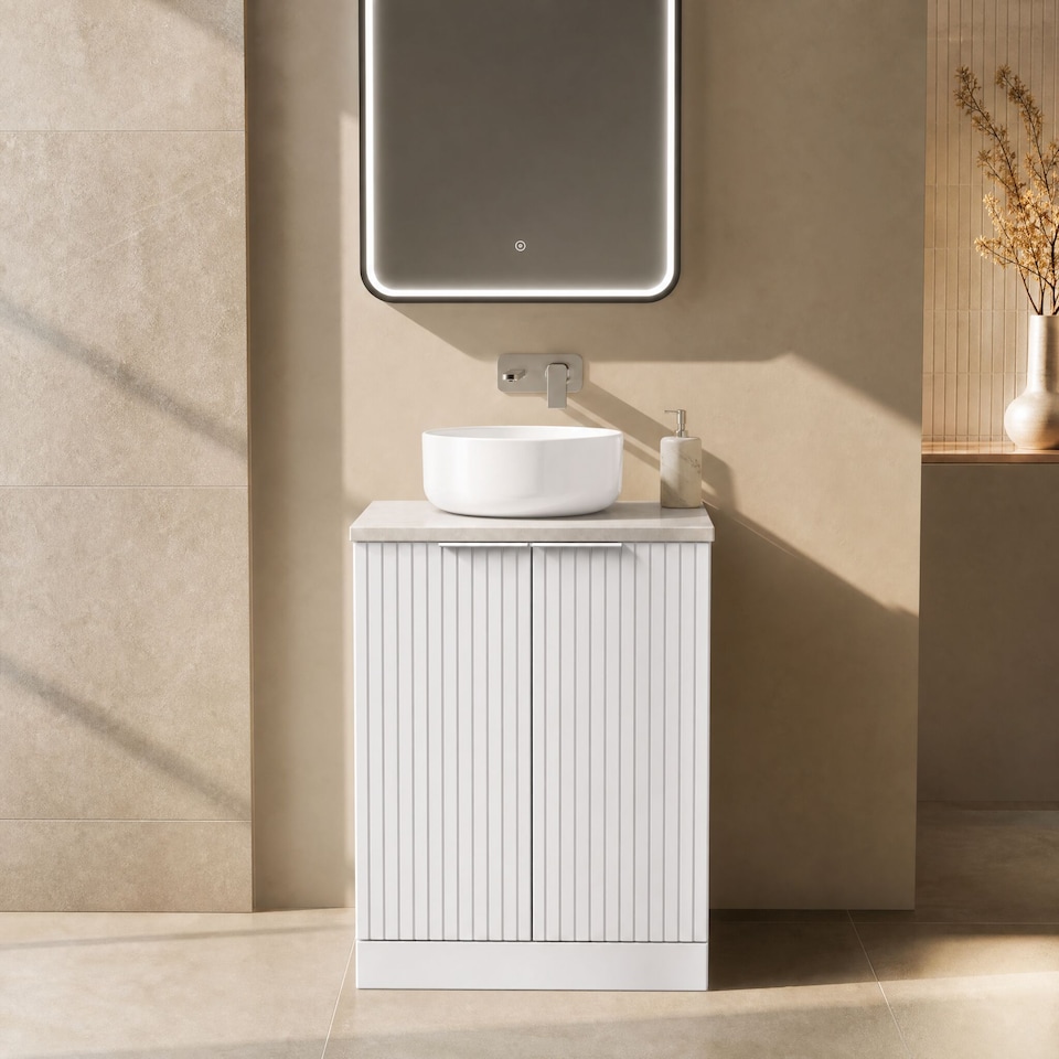 image 1 of Balterley Callingwood Contemporary Floor Standing 2 Door Vanity Unit with White Sparkle Laminate Worktop , 600mm, Matt White
