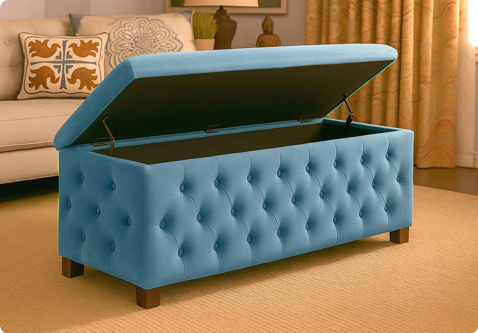 image 1 of 180cm Wide Empire Ottoman Storage Box with Legs, Duck Egg Velvet Chesterfield Upholstered Ottoman Footstool Coffee Table