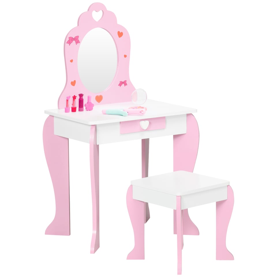 image 1 of ZONEKIZ Kids Vanity Set w Mirror, Drawer, Cute Patterns, for Girls - Pink | Pink | White