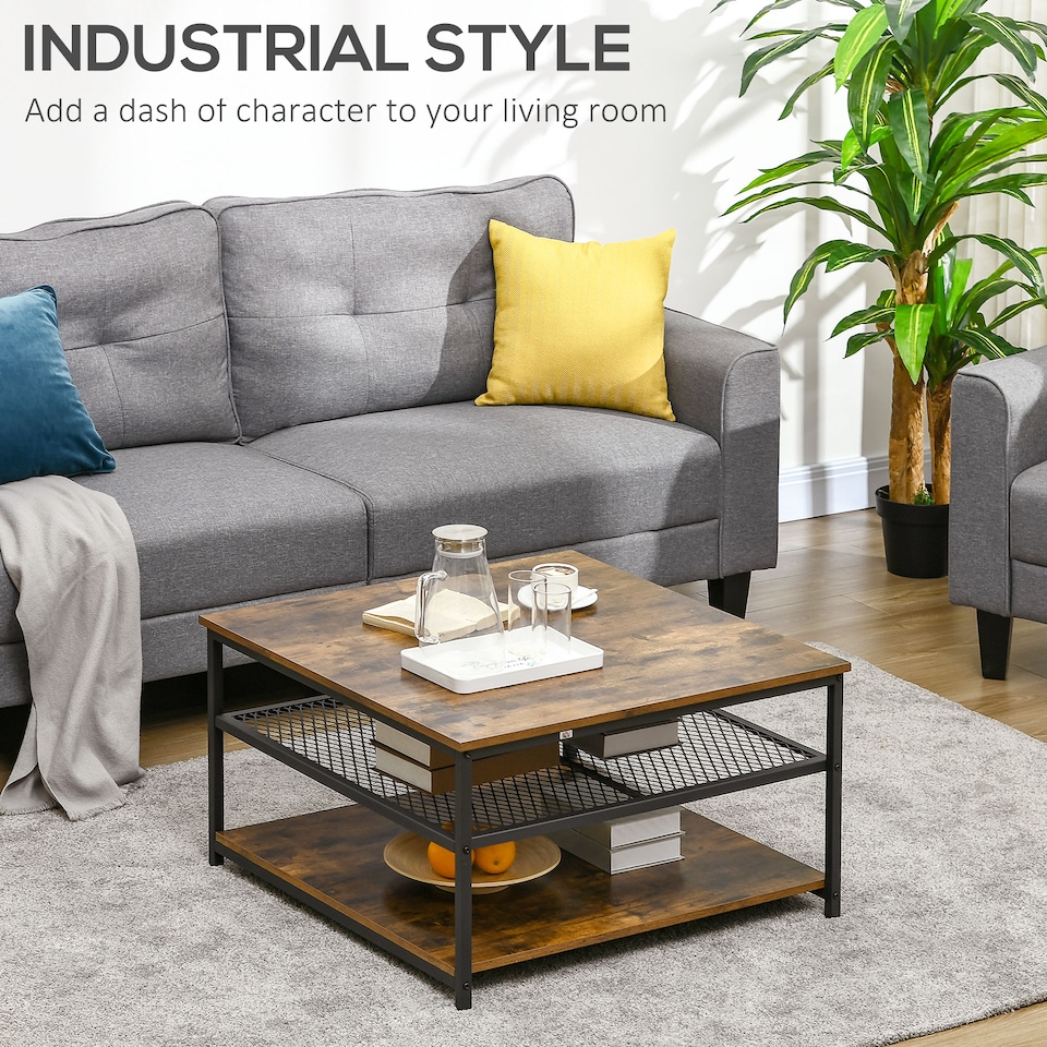 image 1 of HOMCOM Coffee Table, Living Room Table with 3-Tier Storage Shelves, Square Tea Table for Home Office, Rustic Brown | Brown