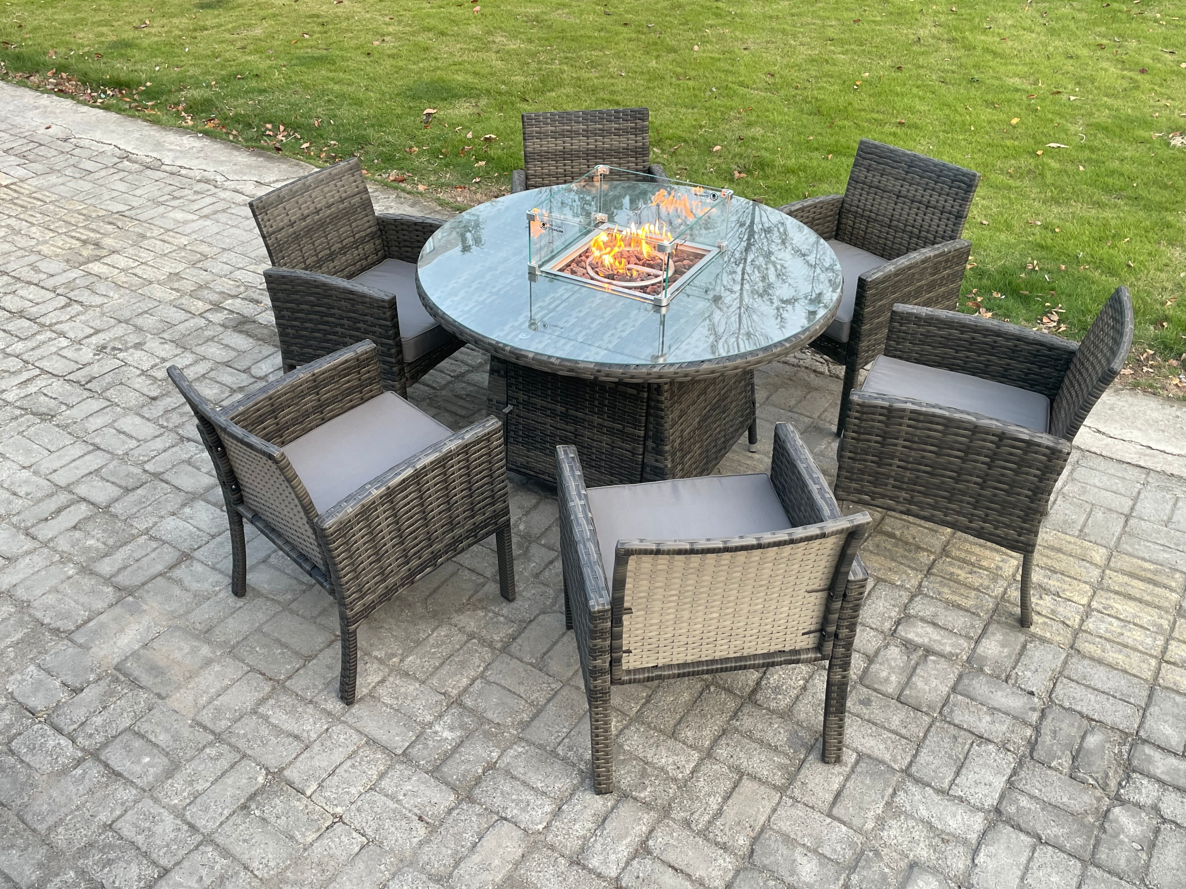 Fimous Outdoor Rattan Garden Furniture Set Gas Fire Pit Round Table Sets Gas Heater with 6 Seater Dining Cahirs Dark Grey Mixed
