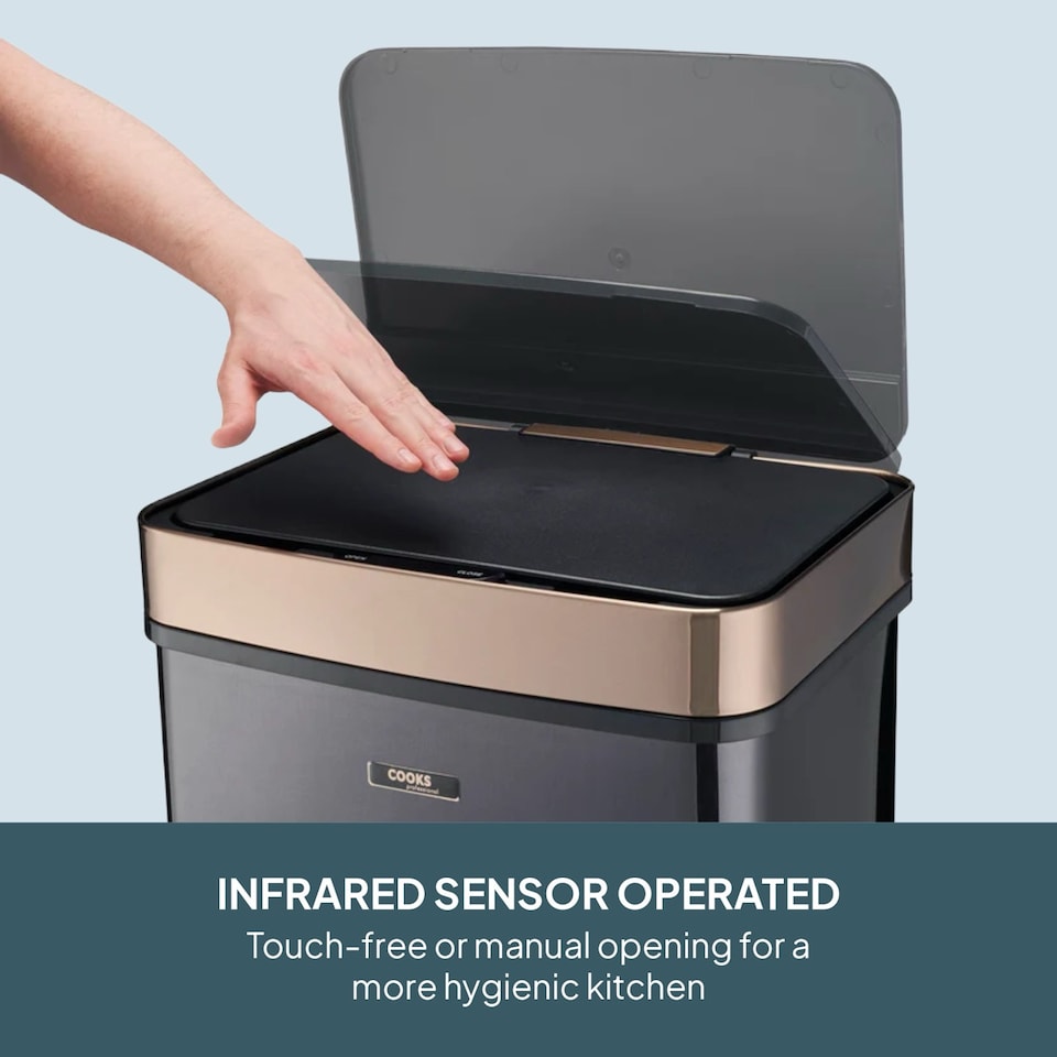 image 1 of Cooks Professional Recycling Sensor Bin 75L with Dual Compartments & Food Caddy | Black | Black & Copper