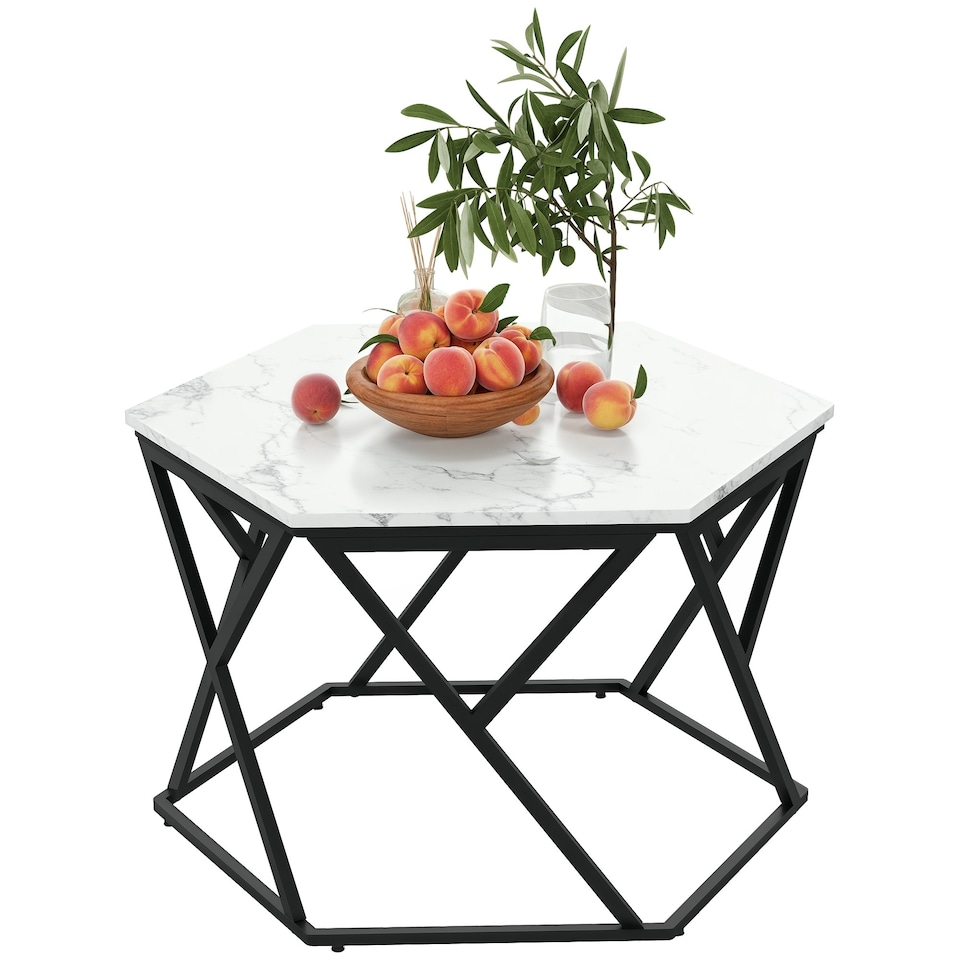 image 1 of HOMCOM Coffee Table Cocktail Table with High Gloss Marble Top Steel Frame White White