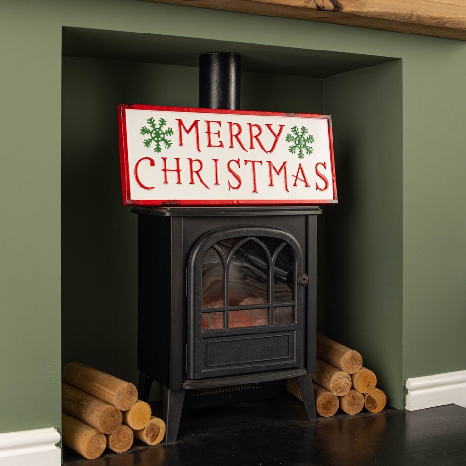 image 1 of 57cm Metal Merry Christmas Hanging Sign in Red & White with Green Snowflakes