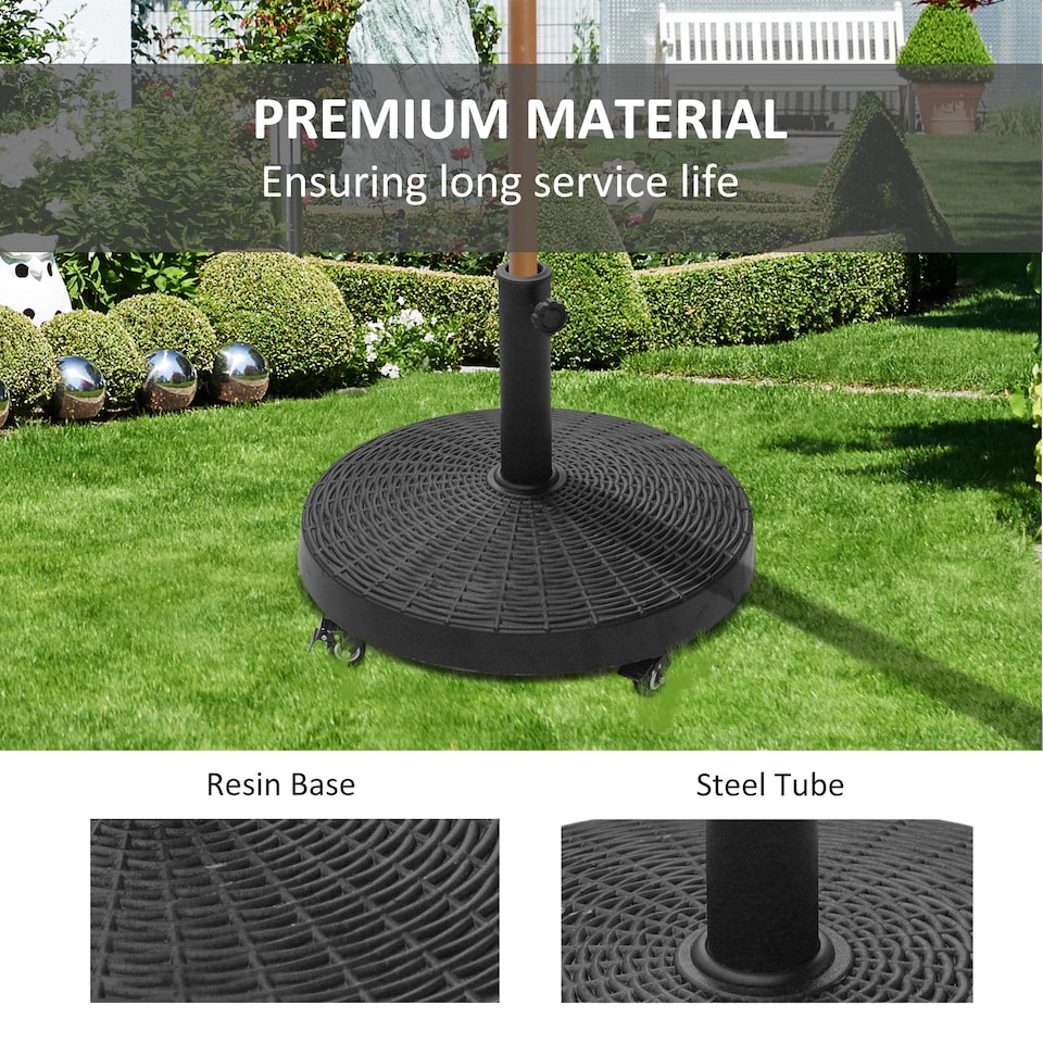 image 1 of Outsunny 22.7kg Resin Patio Parasol Base Umbrella Stand Weight Deck Garden Sunshade Holder Round w Wheels Brakes Outdoor
