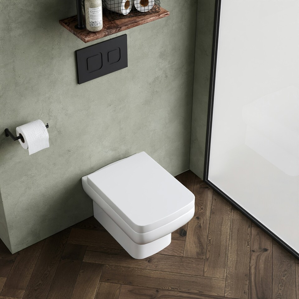image 1 of Alba Square Wall Hung Ceramic Toilet Pan & Soft Close & Seat, 400mm - Balterley