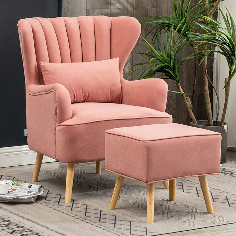 image 1 of Living and Home Curved Back Armchair with Lumbar Pillow and Footstool - Ash Pink
