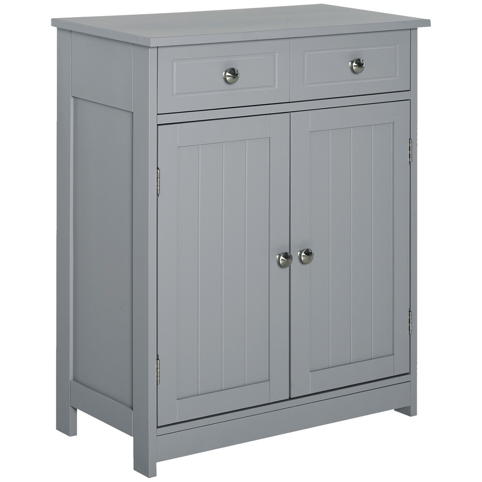 image 1 of kleankin 75x60cm Freestanding Bathroom Storage Cabinet Unit w  2 Drawers Cupboard Adjustable Shelf Metal Handles Traditional Style Grey