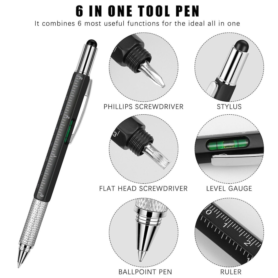 image 1 of 6 in 1 Multi Tool Stylus Pen | Ballpoint Pen with Screwdrivers, Spirit Level, Stylus & Ruler | Aluminium Multi-Function Tool Pen for DIY, Home & Office