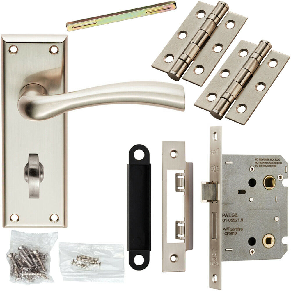 Loops Door Handle & Bathroom Lock Pack Satin Nickel Chunky Tapered Lever Backplate in Metallics