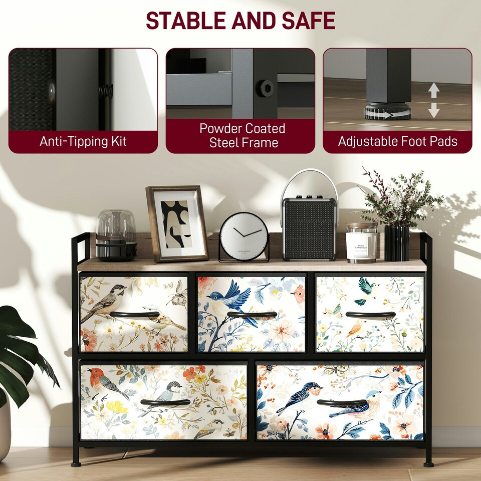 image 1 of HOMCOM 5-Drawer Chest of Drawers, Fabric Dresser, White | White | Black, Floral Pattern | One Size | 1