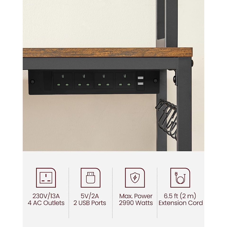 image 1 of Kitchen Storage Rack with Power Outlet, Coffee Station Style Baker’s Rack with Hooks and Panel, Rustic Brown and Ink Black