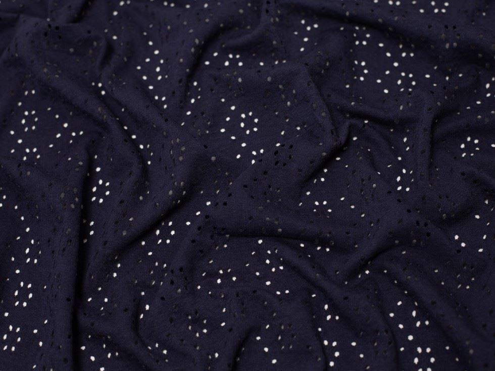 Minerva Core Range Navy Embroidered Cotton Jersey Stretch Knit Fabric for Dressmaking, 150cm / 59" Wide - per metre