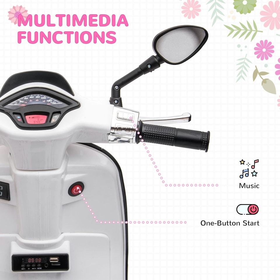 image 1 of AIYAPLAY Vespa Licensed 12V Kids Electric Bike w/ 2 Training Wheels, White